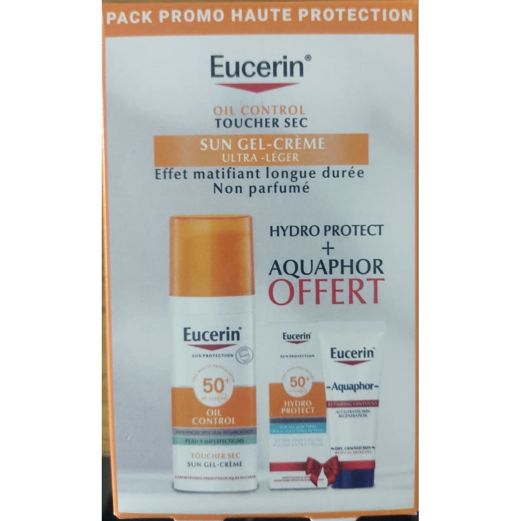 Pack Eucerin Sun Oil Control gel crème toucher sec SPF50+ l 50ml + hydro protect + aquaphor offert