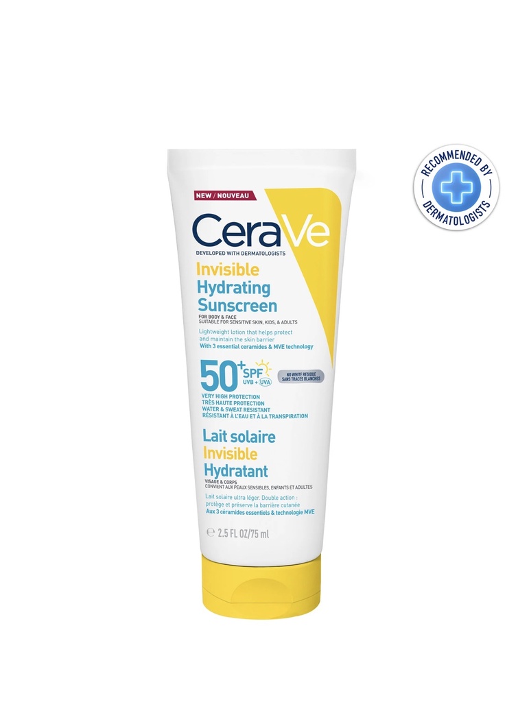 CERAVE LAIT SOLAIRE INVISIBLE HYDRATANT SPF50+ | PEAU NORMALE À SÈCHE |PEAU SENSIBLE | 75ML