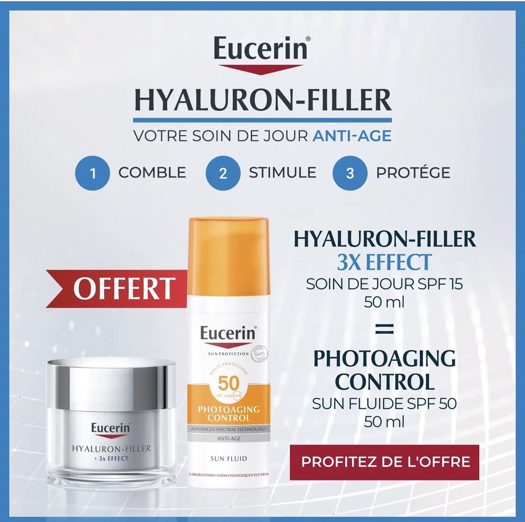 Pack EUCERIN Hyaluron-Filler Soin Jour 3x Effect SPF15 50ml Anti-Rides Acide Hyaluronique Rides Comblées = Sun Photoaging Control SPF50+ Gratuit