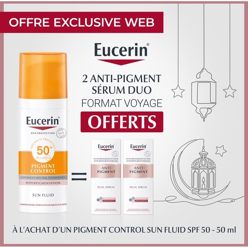 Pack EUCERIN ECRAN ANTI-PIGMENT SPF 50 + 50 ML = 2 Serum Duo Format de Voyage Offerts