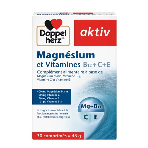 Doppelherz aktiv Magnésium et Vitamines B12+C+E l 30 Comprimés
