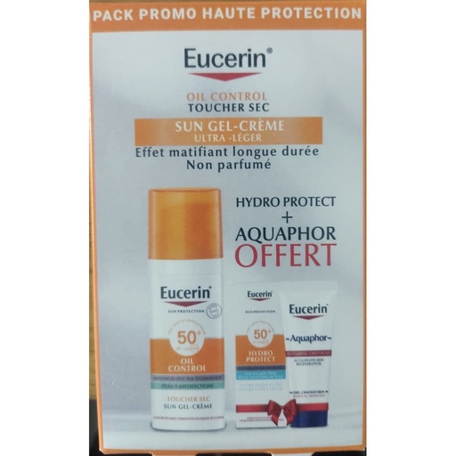 Pack Eucerin Sun Oil Control gel crème toucher sec SPF50+ l 50ml + hydro protect + aquaphor offert