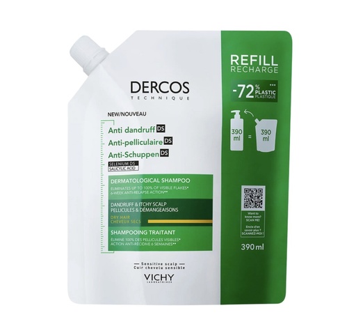 DERCOS SHAMPOOING ÉCO-RECHARGE ANTI-PELLICULAIRE DS - CHEVEUX SECS l 390 ml
